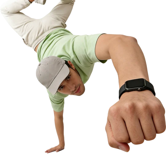 Man balanceert ondersteboven op één hand met smartwatch om