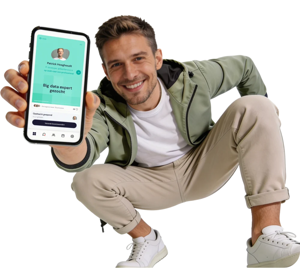 Man met smartphone waarop de Foundya-tool zichtbaar is